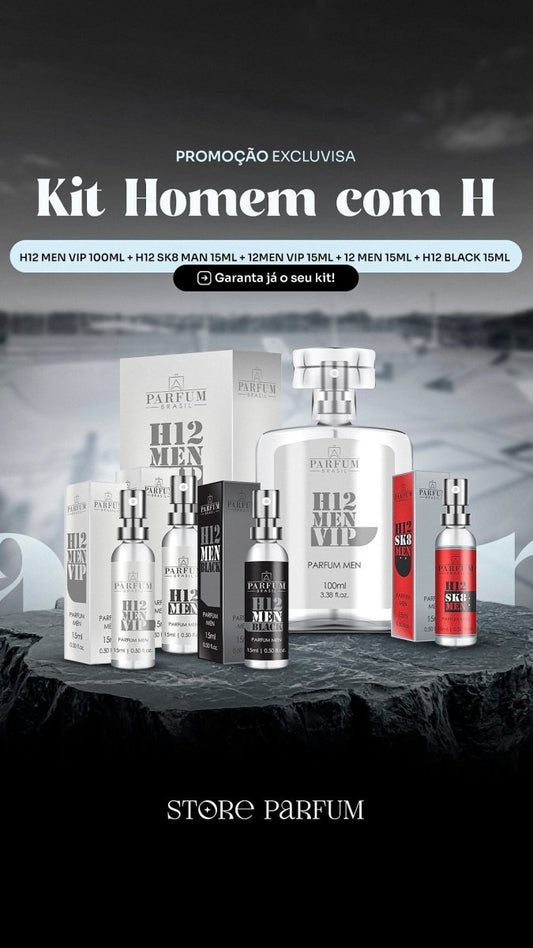 Kit Homem com H - H12 Men Vip100ml + H12 SK8 Men15ml + - H12 Men Vip15ml + H12 Men15ml + H12 Black15ml - StoreParfum